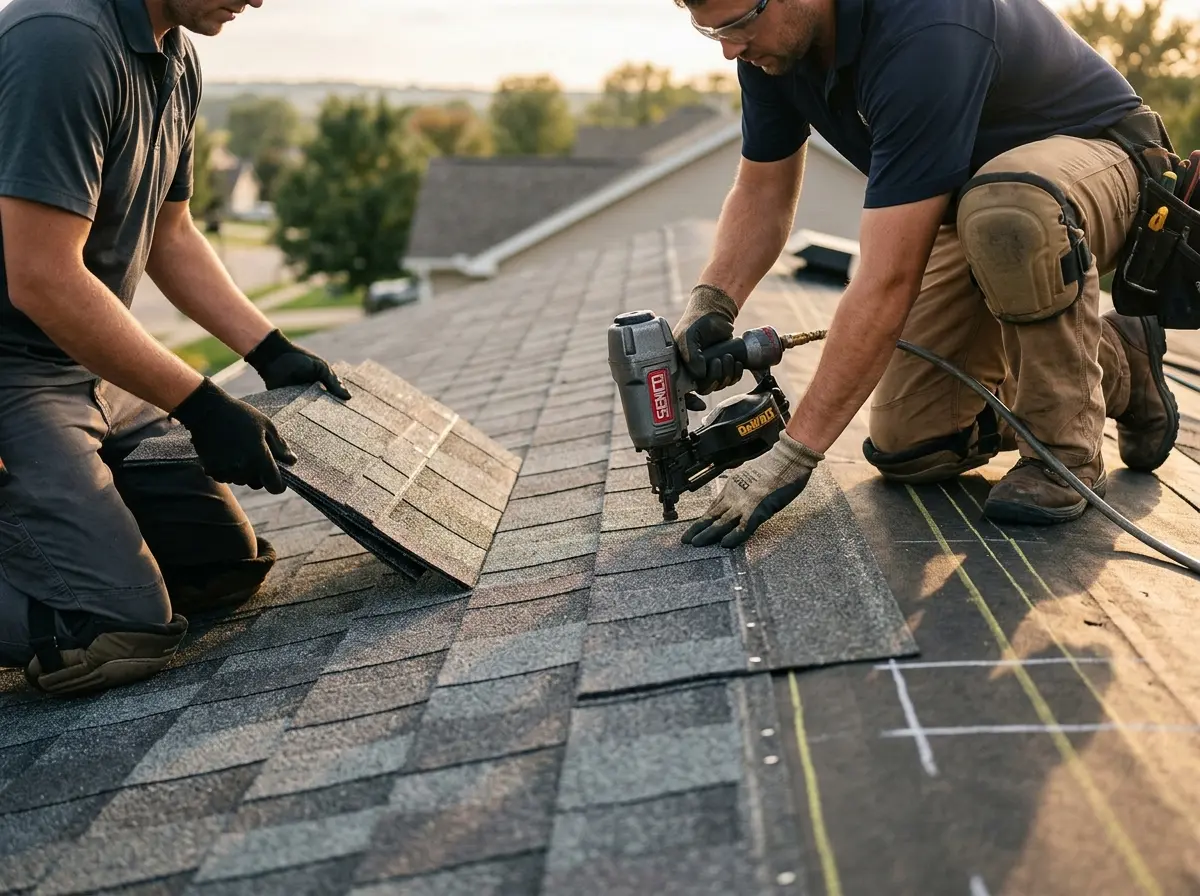 Professional roofer working on a residential roof in Downingtown